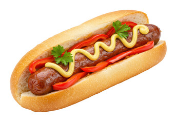 Delicious hot dog with mustard and red pepper isolated on transparent background, classic American fast food for menu design