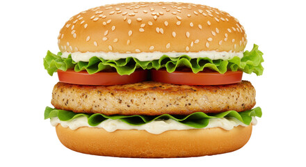 Delicious chicken burger isolated on transparent background, featuring fresh lettuce, tomato, and sesame seed bun for fast food menus