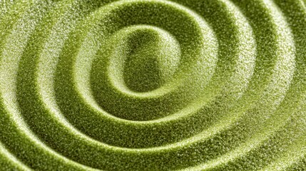 Green textured sand forming spiral ripple patterns, evoking a calming zen garden atmosphere, promoting relaxation, balance, and mindful meditation concepts