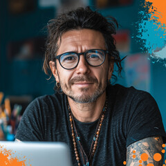 Obraz premium A man with glasses is sitting in front of a laptop. He is smiling and he is happy