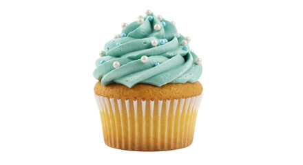 Delicious cupcake with blue frosting isolated, topped with white and blue sprinkles, a sweet treat for birthdays and celebrations