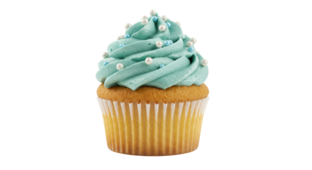 Delicious cupcake with blue frosting isolated, topped with white and blue sprinkles, a sweet treat for birthdays and celebrations