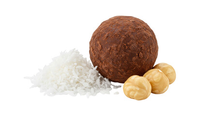 Chocolate truffle with coconut flakes and hazelnuts isolated, gourmet dessert for confectionery and sweet treat concepts