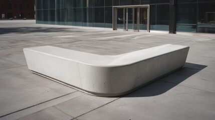 Modern concrete corner bench defining urban outdoor space by a building with glass walls, featuring minimalist design and contemporary architecture during a sunny day