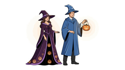 Halloween Couple in Costume: A charming illustration of a costumed couple ready for Halloween, one dressed as a witch and the other a wizard, with a jack-o'-lantern.
