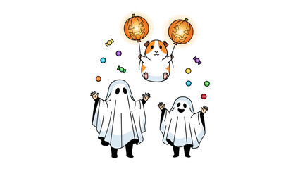 Spooky Halloween Scene: A cute Halloween cartoon with two dressed-up ghost characters below an adorable hamster character, holding jack-o'-lantern balloons in a festive and cheerful design.