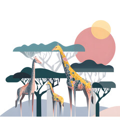 Three giraffes stand together near trees with a sunset in the background. The sky is pink and yellow, and the giraffes feature unique color patterns