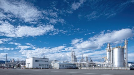 Industrial chemical plant showcasing complex infrastructure, storage tanks, and interconnected piping systems, representing advanced energy production and manufacturing processes