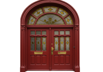 Elegant red arched double door with stained glass isolated, architectural detail of a classic entrance on no background