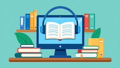 A digital bookshelf displays a monitor with a book and headphones, flanked by stacks of physical books