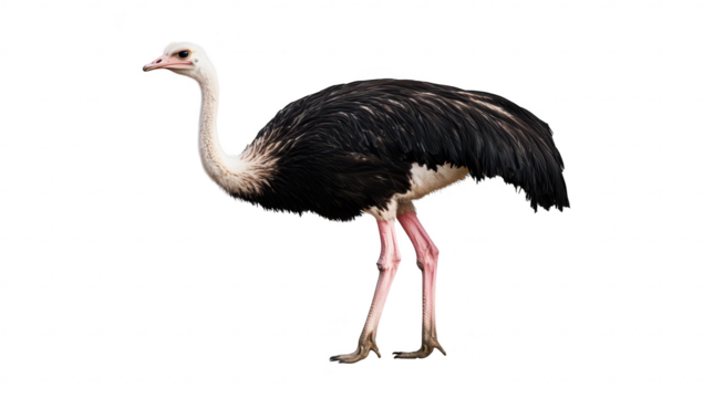 A majestic ostrich stands gracefully against a white background. its distinctive features and posture. ideal for educational and wildlife-related content