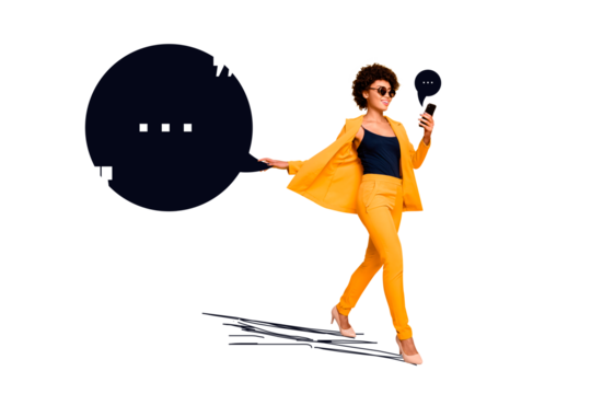 Creative image collage young stylish lady walk textbox communication phrase reply smartphone messenger receive answer drawing background