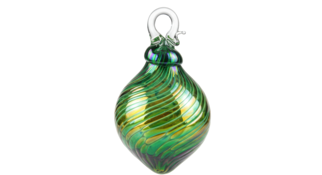 Green and gold glass Christmas ornament isolated, teardrop shaped bauble with iridescent swirls on transparent background