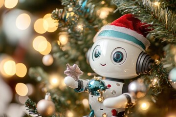Obraz premium Cute robot decorating christmas tree with lights for holiday celebration