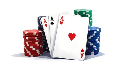 A hand holding three aces, standing against stacks of red, blue, green, and grey gambling chips. White background