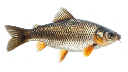 A vibrant. detailed close-up of a freshwater fish its scales and fins. swimming against a clean white background. perfect for educational and nature-related content