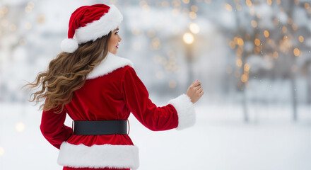 Elegant caucasian adult woman in Santa costume looking right, hair flowing, snowy winter wonderland with festive bokeh lights, Christmas holidays banner with copy space