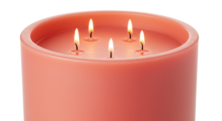 Large pink candle with four wicks isolated, burning wax candle for home decor and aromatherapy PNG