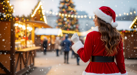 Christmas market magic, caucasian adult woman in Santa Claus costume standing outdoors enjoying festive winter snow, banner with copy space