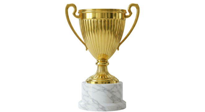 Golden trophy cup isolated on transparent background, award prize for winner in competition or championship, sport achievement