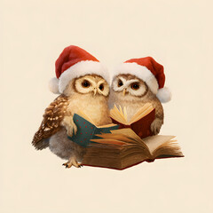 Two small owls wearing red and white Santa hats are reading books. They are sitting atop a pile of more open books, suggesting it is during the Christmas holiday