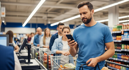 Man uses phone in grocery store line He ' s waiting with a shopping cart Others stand in line at the checkout counter