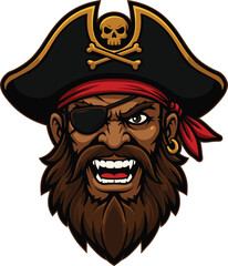 Angry pirate mascot illustration with skull hat, eyepatch and beard, detailed vector design for logo, gaming, sports team or adventure theme