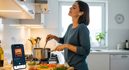 Woman Cooking with Headphones : Woman enjoys cooking while listening to music creating a relaxed and enjoyable experience in a well - lit kitchen
