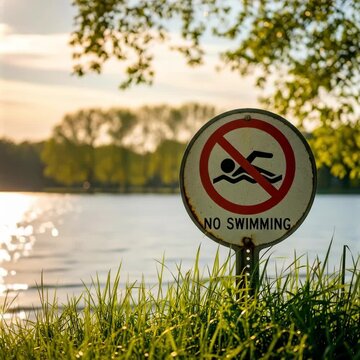 No Swimming warning sign on a grassy lake shore during a peaceful sunset.