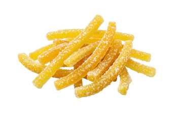 Pile of yellow candied orange peel sticks isolated on transparent background, citrus fruit confectionery for baking and snacking