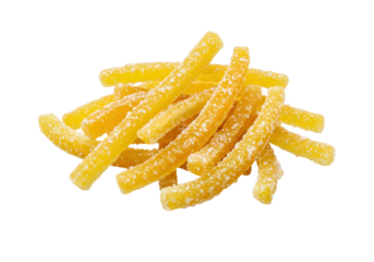 Pile of yellow candied orange peel sticks isolated on transparent background, citrus fruit confectionery for baking and snacking