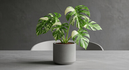Variegated Monstera plant in a minimalist concrete pot, a vibrant botanical accent bringing natural elegance and biophilic design to modern interior decor