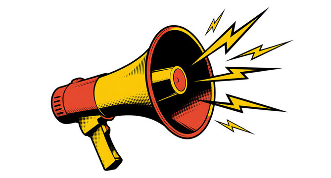 Pop art illustration of a megaphone with yellow and red colors, emitting lightning bolts to represent sound, announcement, loudness, and communication.