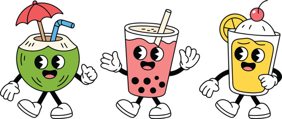 Joyful cartoon drinks, a happy coconut, bubble tea, and a cocktail, celebrate summer with fun retro vibes and vibrant colors
