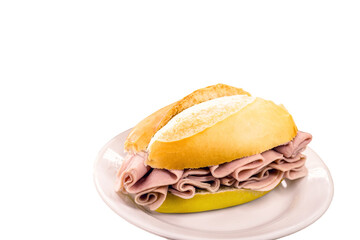 Brazilian bread sandwich with mortadella. Traditional pork snack served in bakeries in Brazil, french bread with bologna, on isolated white background, copyspace