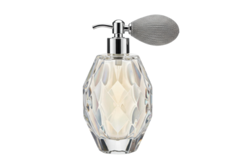 Elegant faceted glass perfume bottle with silver atomizer isolated, vintage fragrance container for beauty and personal care