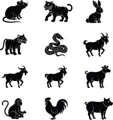 Chinese zodiac animals, twelve horoscope symbols, astrology vector set, traditional zodiac illustration, rat tiger rabbit dragon, silhouette collection, horoscope design elements