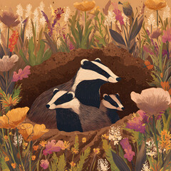 A badger family peeks out from their den, surrounded by flowers. The adult and two cubs appear to be enjoying a bright day in a meadow filled with blooms