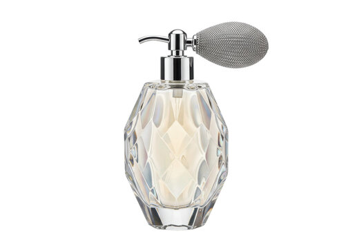 Elegant faceted glass perfume bottle with silver atomizer isolated, vintage fragrance container for beauty and personal care