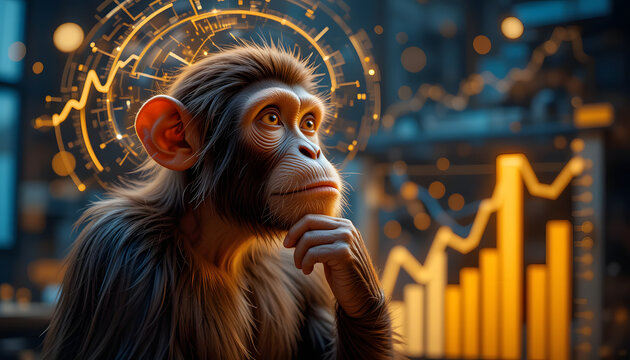 Ape investor contemplating market trends with digital stock data, financial analysis concept, stock trading, finance, crypto