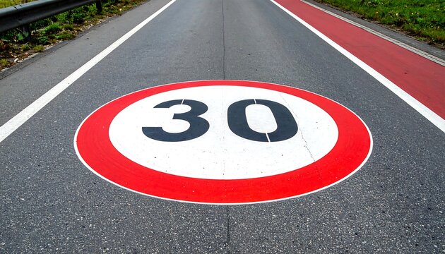 A road with a painted speed limit sign, showing the number "30" inside a red circle, indicating the speed limit