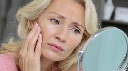 Mature woman looking at reflection in mirror, touching face and showing concern about aging, wrinkles, skin condition, and changes in appearance