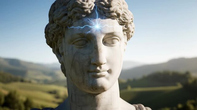 Sculpture crafted from classical marble adorned with a vibrant blue electric surge on its brow, representing a symbol of a headache, a burst of creativity, or deep contemplation