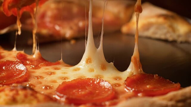 Mouthwatering slice of pepperoni pizza is being delicately lifted from a baking tray, showcasing the melty and stretchy mozzarella cheese in all its delicious glory