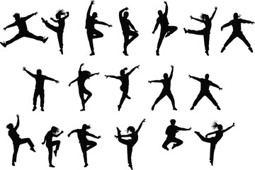 Dance silhouette collection, jumping people vector, energetic poses illustration, black and white movement design, modern hip hop breakdance figures, artistic body shapes