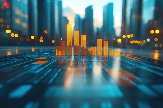 City skyline with digital data visualization at dusk, showcasing urban innovation and technology