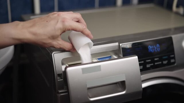 Person hand filling washing machine detergent drawer with white powder from plastic cup, engaging in routine household task of appliance preparation for cleaning garments, close-up, slow motion.