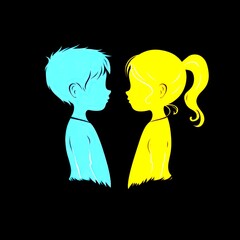 Colorful silhouette of a boy and girl facing each other in a playful and creative design - High Contrast