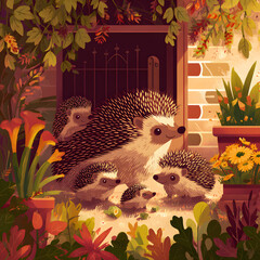 A group of hedgehogs, including a larger one and smaller ones, congregate outside a door surrounded by foliage and flowerpots during a bright, sunny day