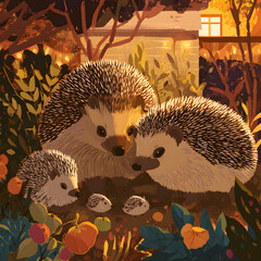 Several adult and baby hedgehogs gather together in a colorful garden. The scene takes place in the evening, near a building with a lighted window, surrounded by trees